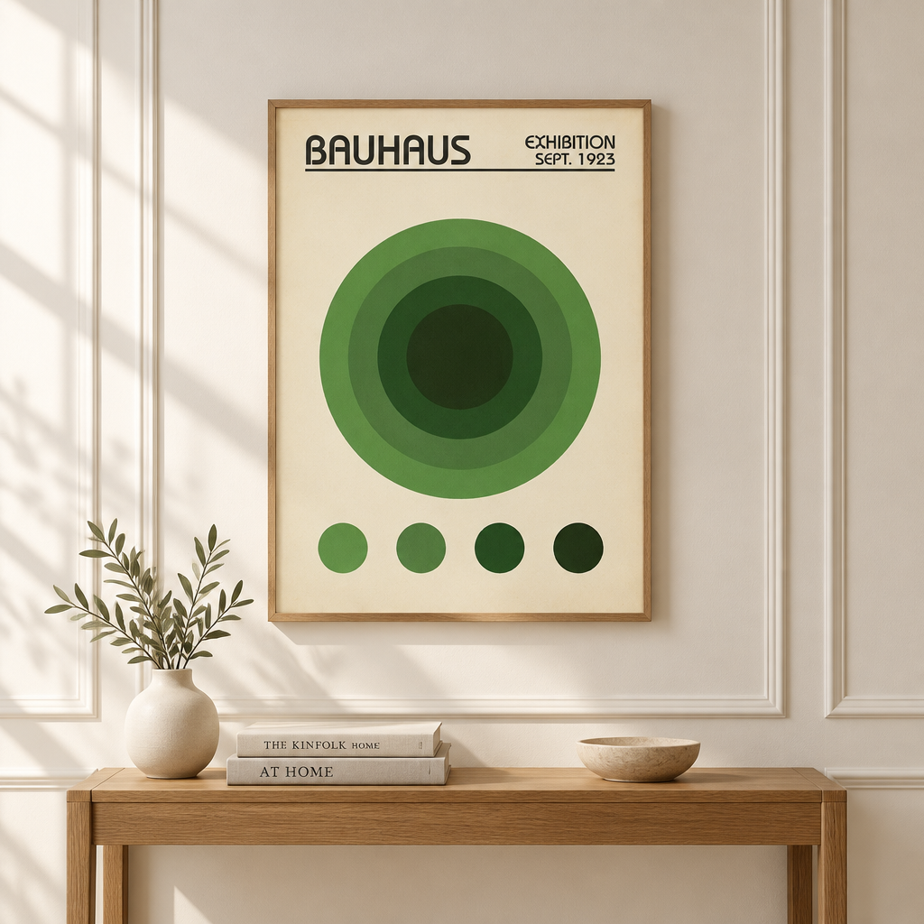 A framed Bauhaus exhibition poster with a minimalist green concentric circle design hangs on a cream-colored wall above a wooden console table with books and a small vase.