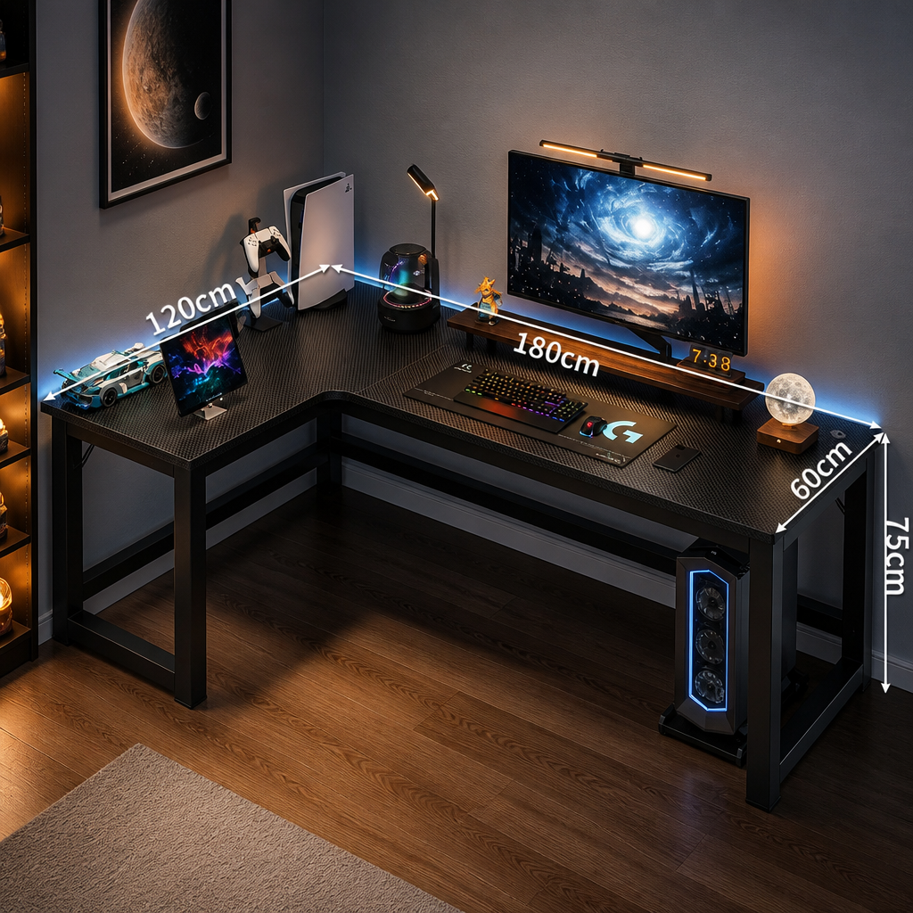 Gaming desk setup with computer equipment and measurements in a room.