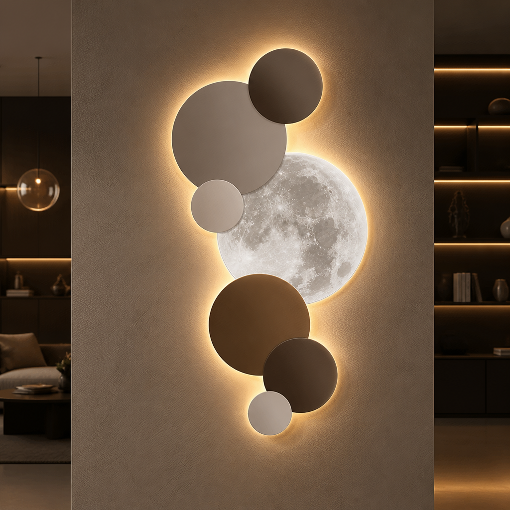 Terracotta and taupe moon wall light illuminating a hallway entrance