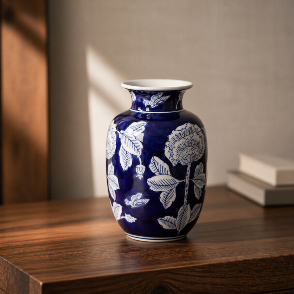 Blue ceramic vase with white floral patterns on a wooden surface