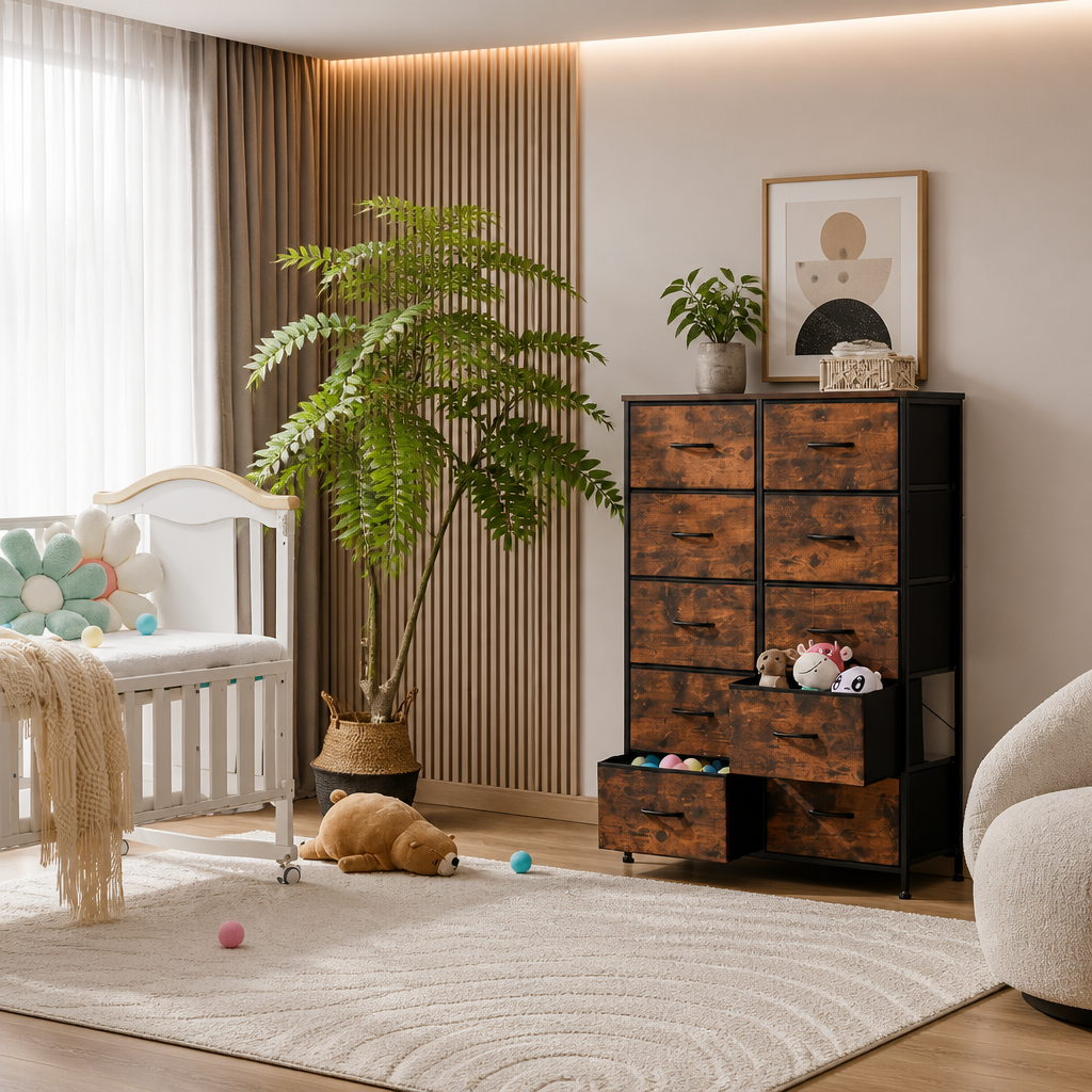 A styled nursery interior featuring a tall dark wood-and-black storage cabinet with multiple drawers, placed beside a white crib, a large potted plant, a slatted wood wall panel, and a cream rug.