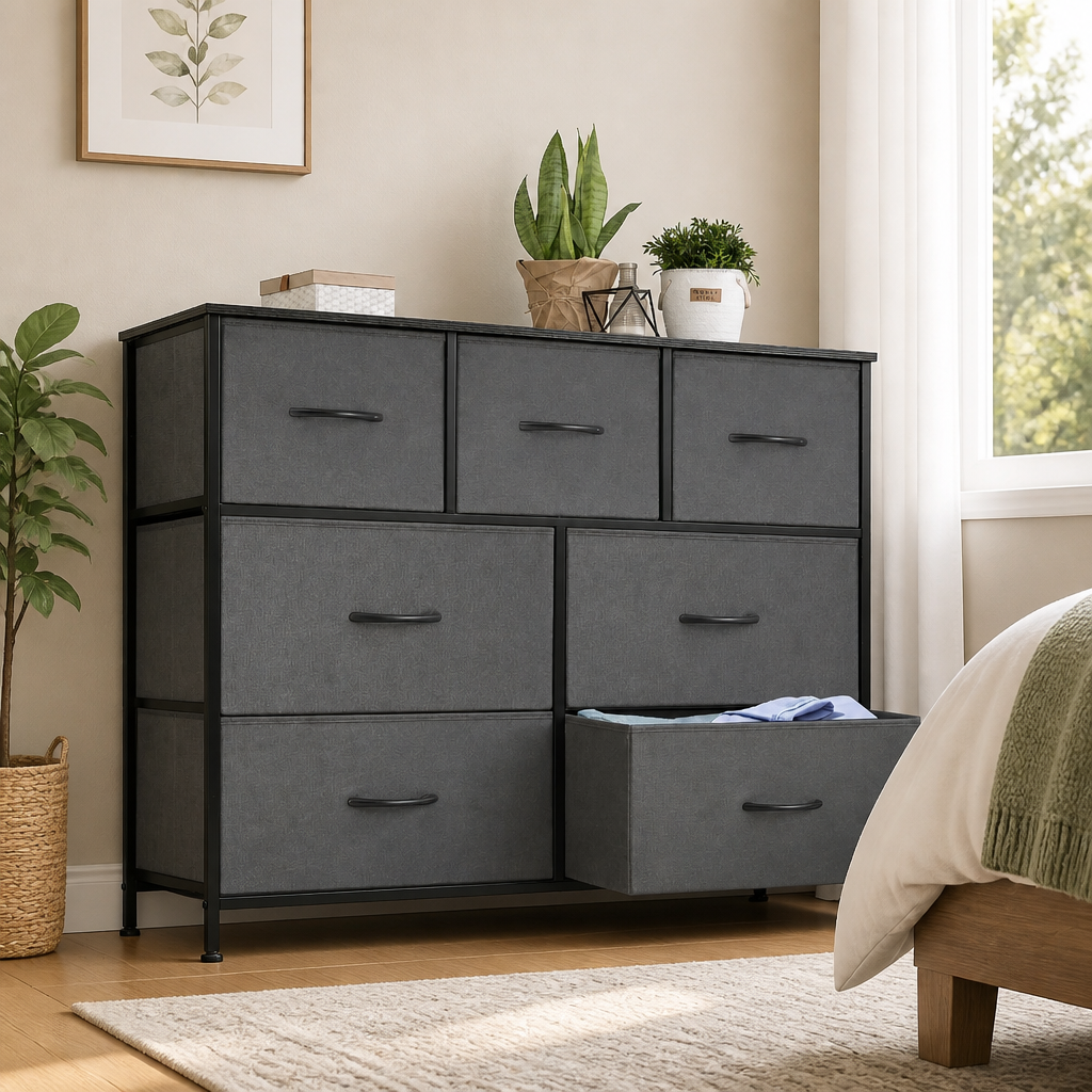 Grey 7-drawer fabric dresser with a wood top styled with plants and decor.