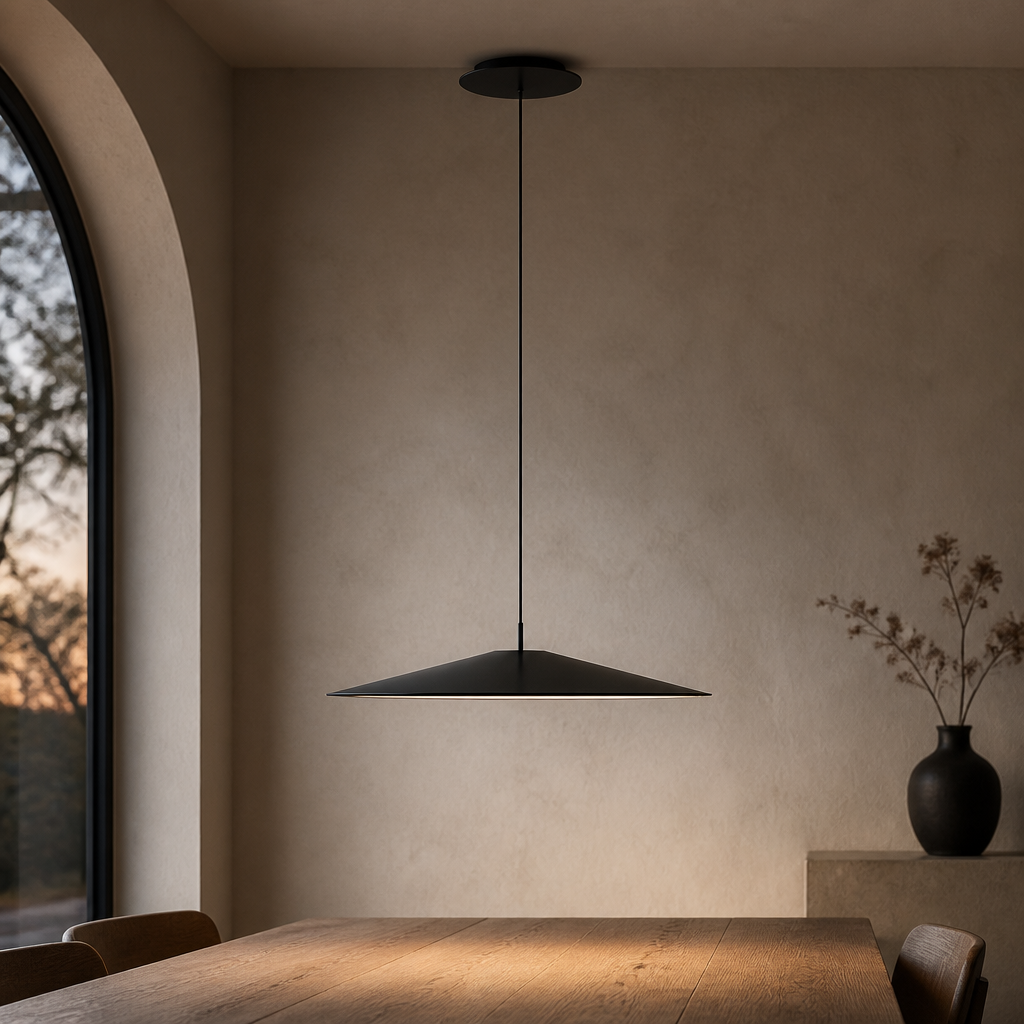 Black pendant ceiling light hanging over a dining table in a warm-toned room.
