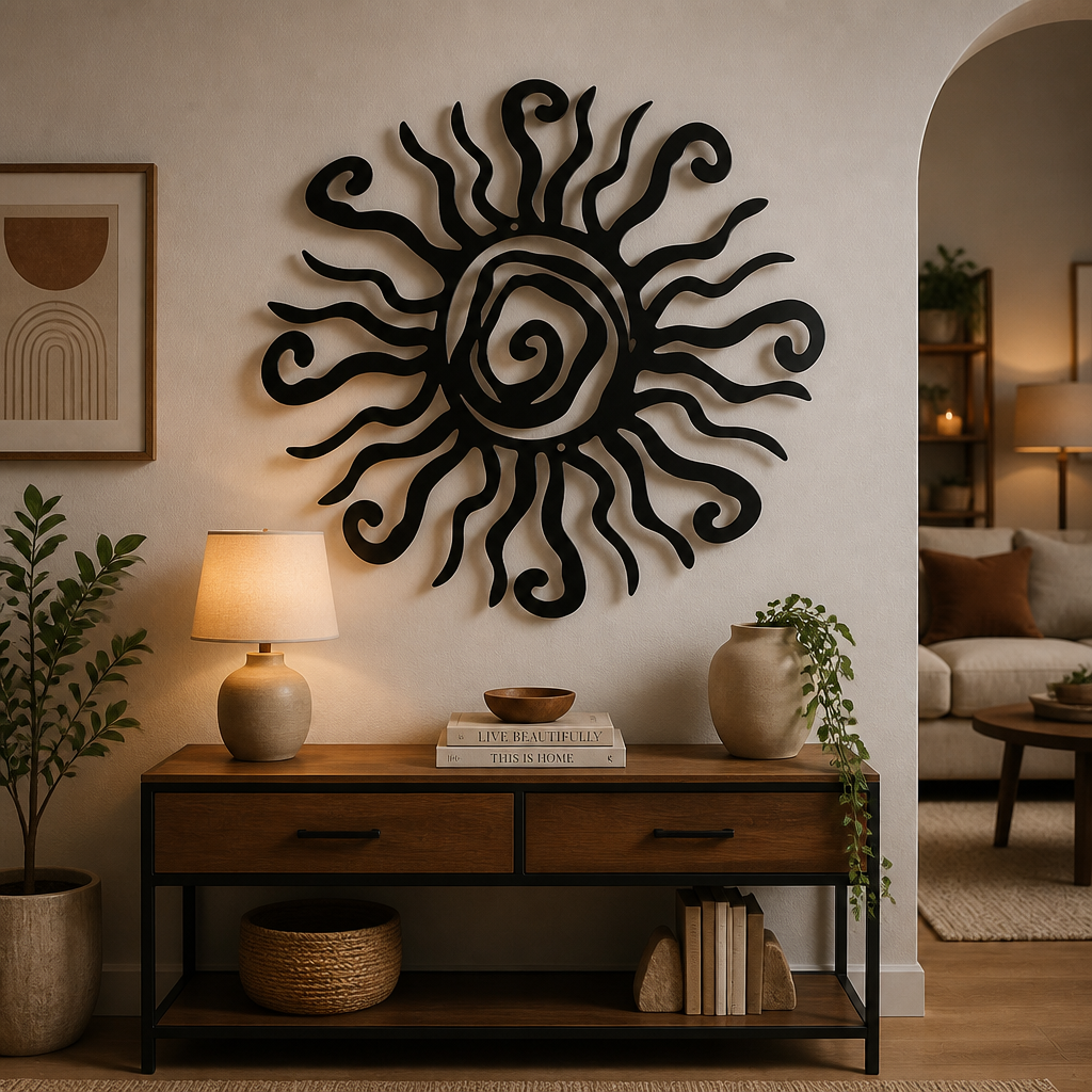 A black metal sun wall decor piece with a swirling center and wavy rays, mounted on a beige wall above a wooden console table in a styled living room.