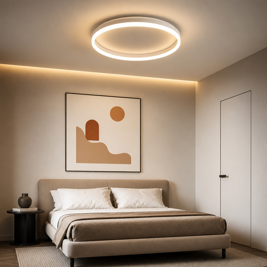 White modern round LED ceiling light with a circular strip light and a 7cm slim profile.