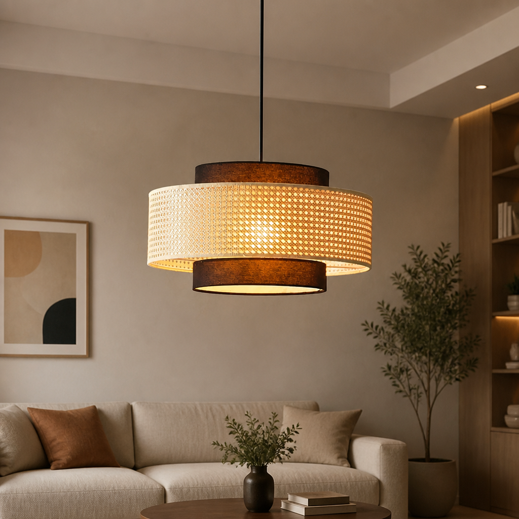 A modern two-tier drum pendant light with a woven beige shade and dark brown fabric bands, hanging in a warm, contemporary living room above a beige sofa.