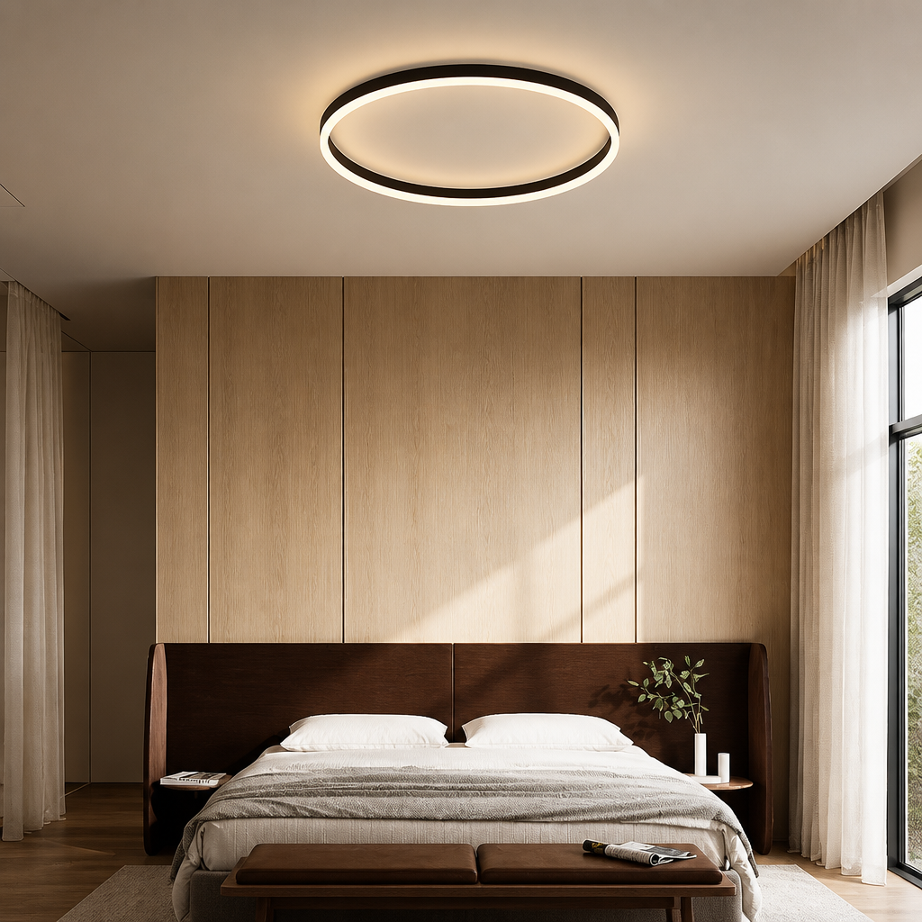Black modern round LED ceiling light with warm circular glow and surface-mounted design.