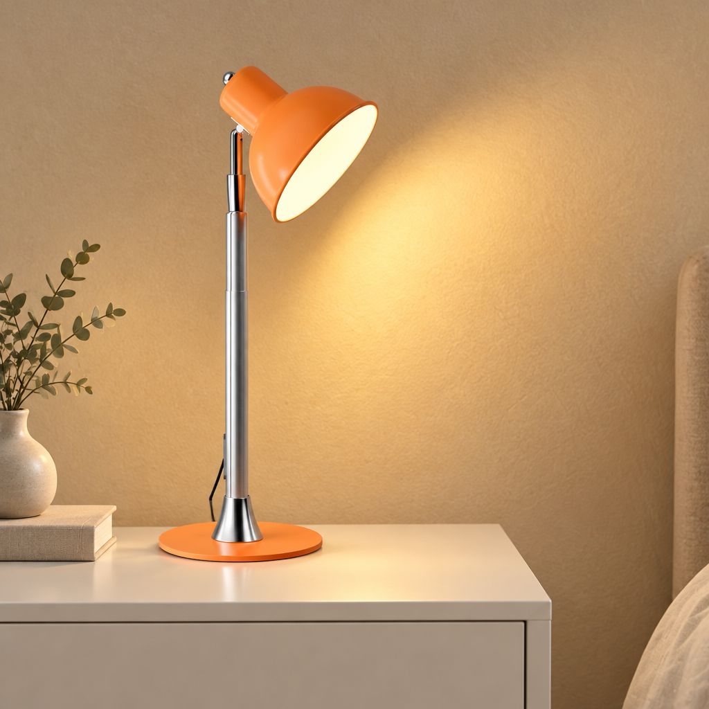An adjustable table lamp with a bright orange shade and base, a silver metal stem, and a white interior, shown lit on a white bedside table against a warm beige wall.