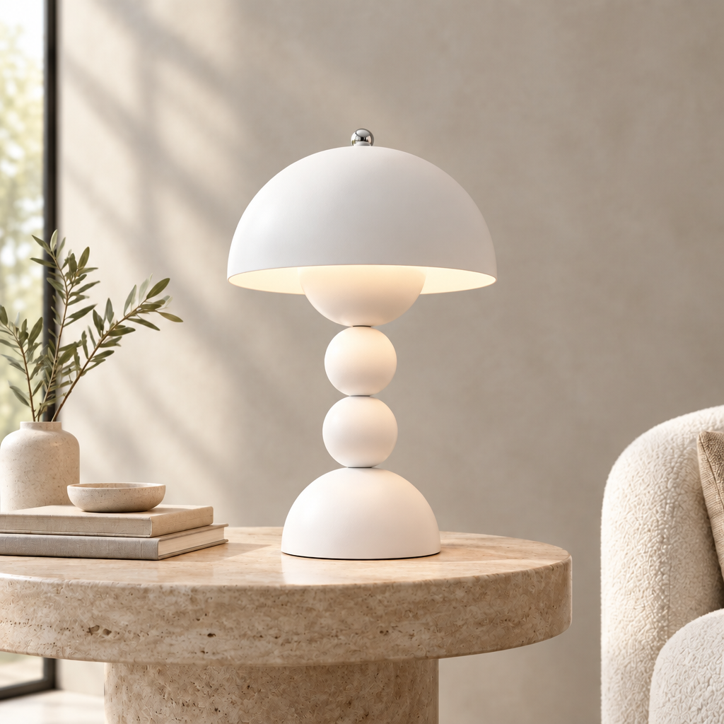 A modern mushroom-shaped table lamp with a matte white finish, glowing with warm light, styled on a round stone side table in a minimalist living room setting.