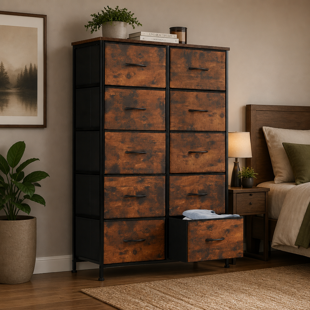 A tall, wide 10-drawer dresser with a rustic distressed brown finish and black metal frame, styled in a cosy bedroom next to a bed and nightstand.