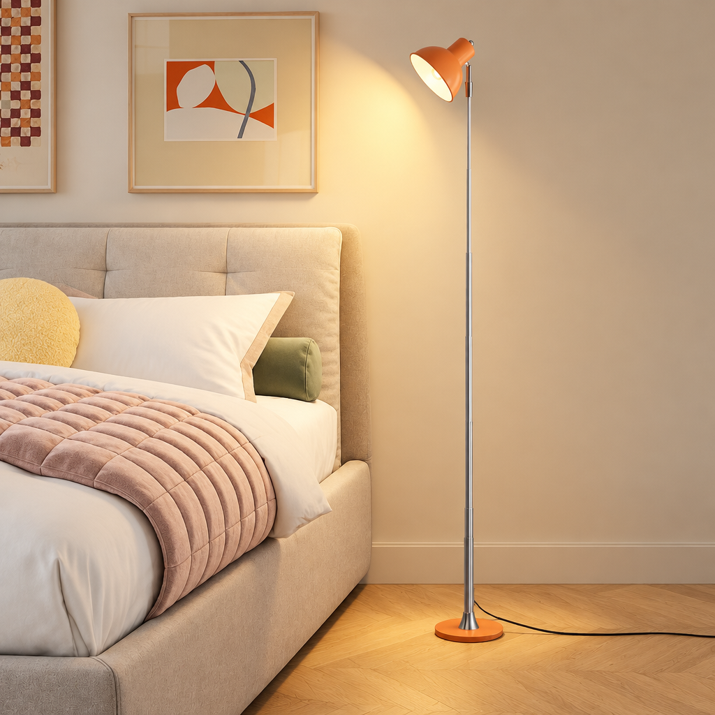 A modern floor lamp with a silver metal pole and orange shade/base stands beside a bed in a softly lit bedroom.
