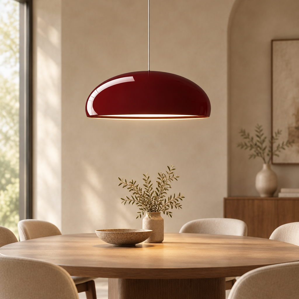 A glossy deep wine-red dome-shaped pendant light hangs over a round wooden dining table in a modern, sunlit room with neutral-toned chairs and decor.