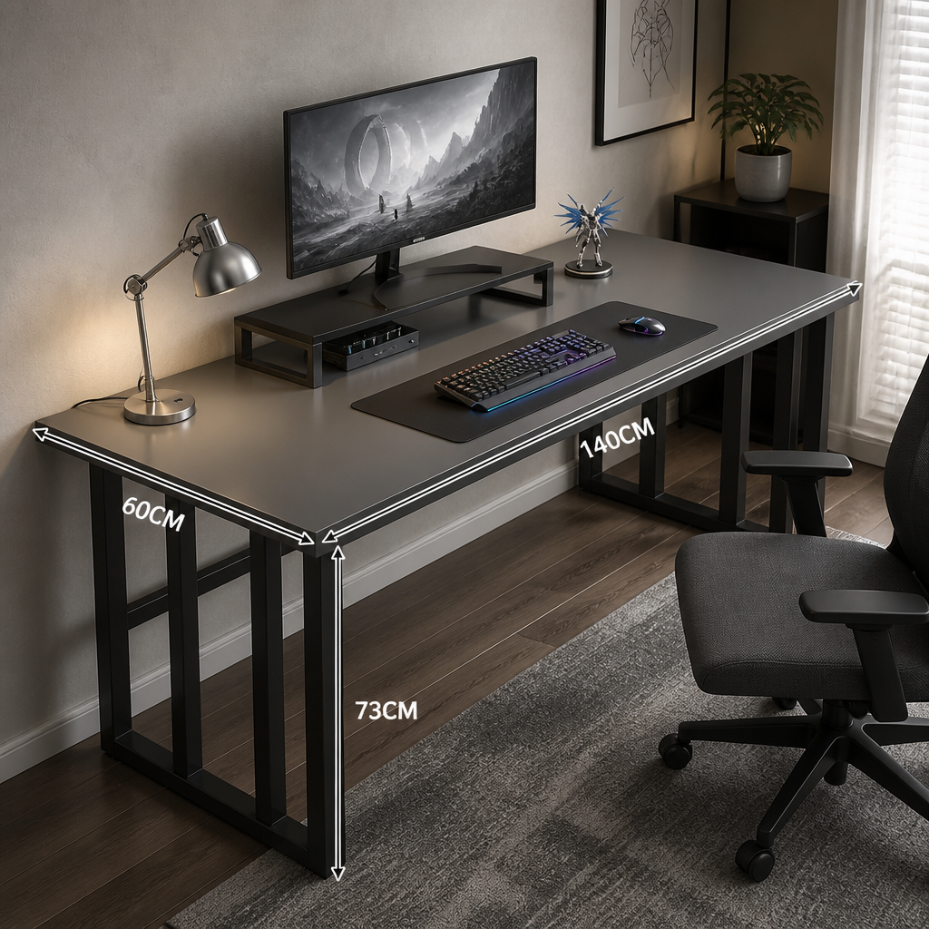 Dark grey 140cm computer desk with 60cm depth, 73cm height, cable threading hole, and reinforced frame