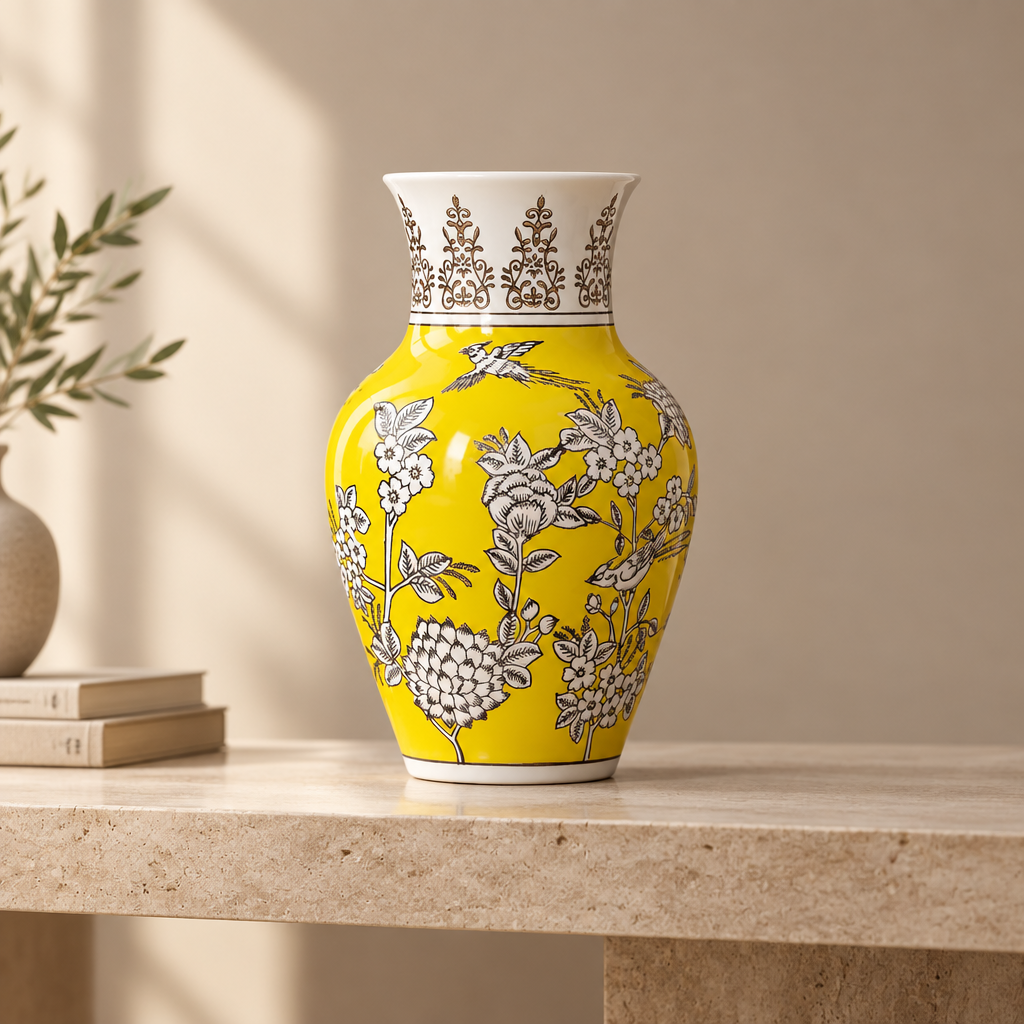 Yellow porcelain vase with flared neck and floral bird design, 25cm tall.