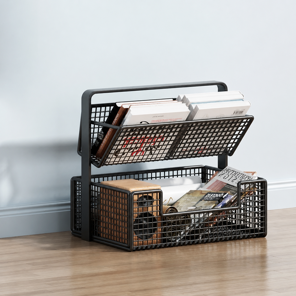 Black 2-tier mesh book cart with bottom basket, 30cm