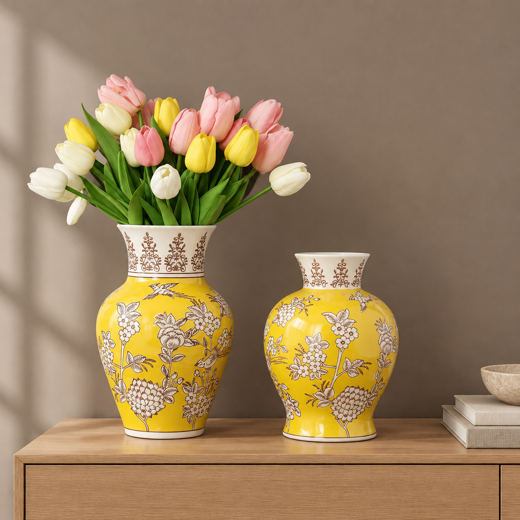 Two decorative yellow ceramic vases with white and brown floral patterns sit on a wooden table against a taupe wall. The larger vase holds a bouquet of pink, yellow, and white tulips, while a smaller matching vase stands beside it.