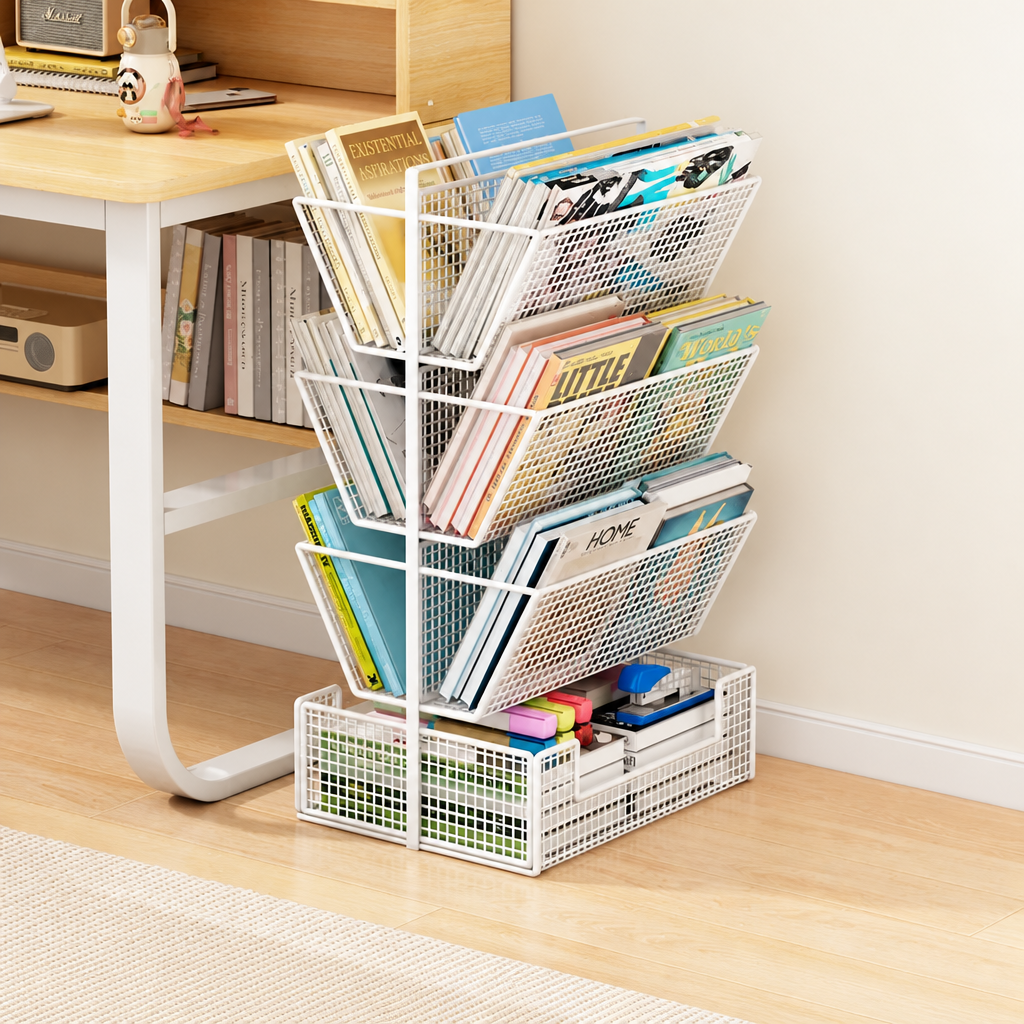 A white metal wire magazine rack organizer with three angled tiers and a bottom storage basket, filled with books and magazines in a home office setting next to a wooden desk.