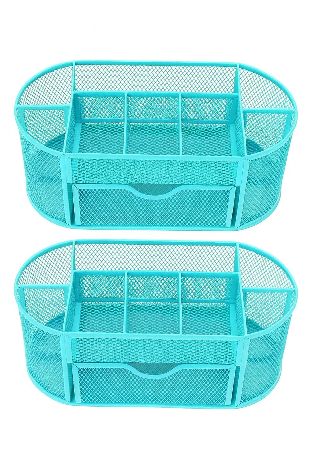 Two turquoise mesh desk organizers on a white background