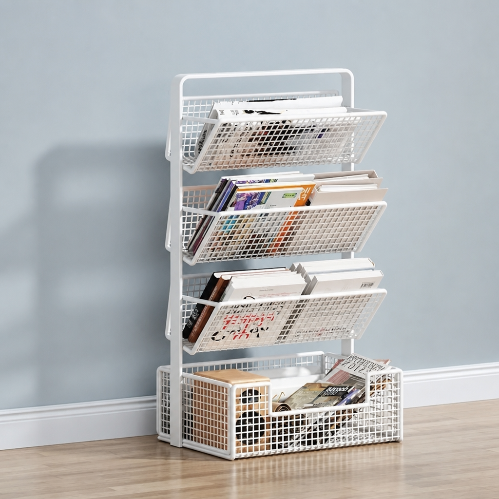 A white metal wire magazine rack with five tiers, shown holding various books and magazines against a light gray wall and wooden floor.