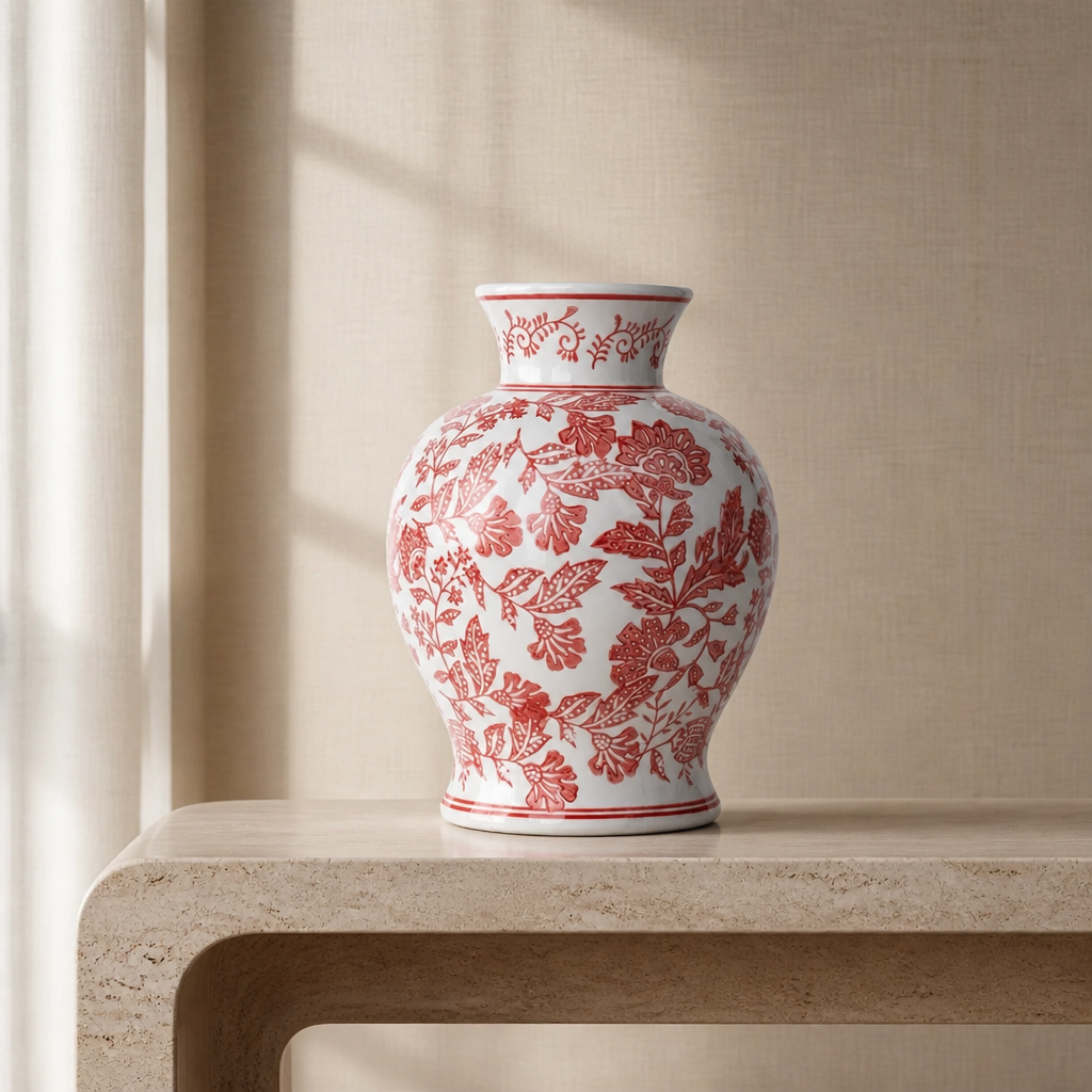 White vase with red floral patterns on a beige surface