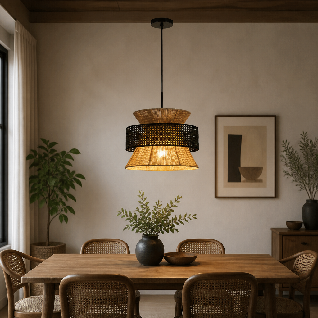 A modern pendant light with a woven natural fiber shade and a black metal mesh middle band, hanging over a wooden dining table in a warm, neutral-toned dining room.