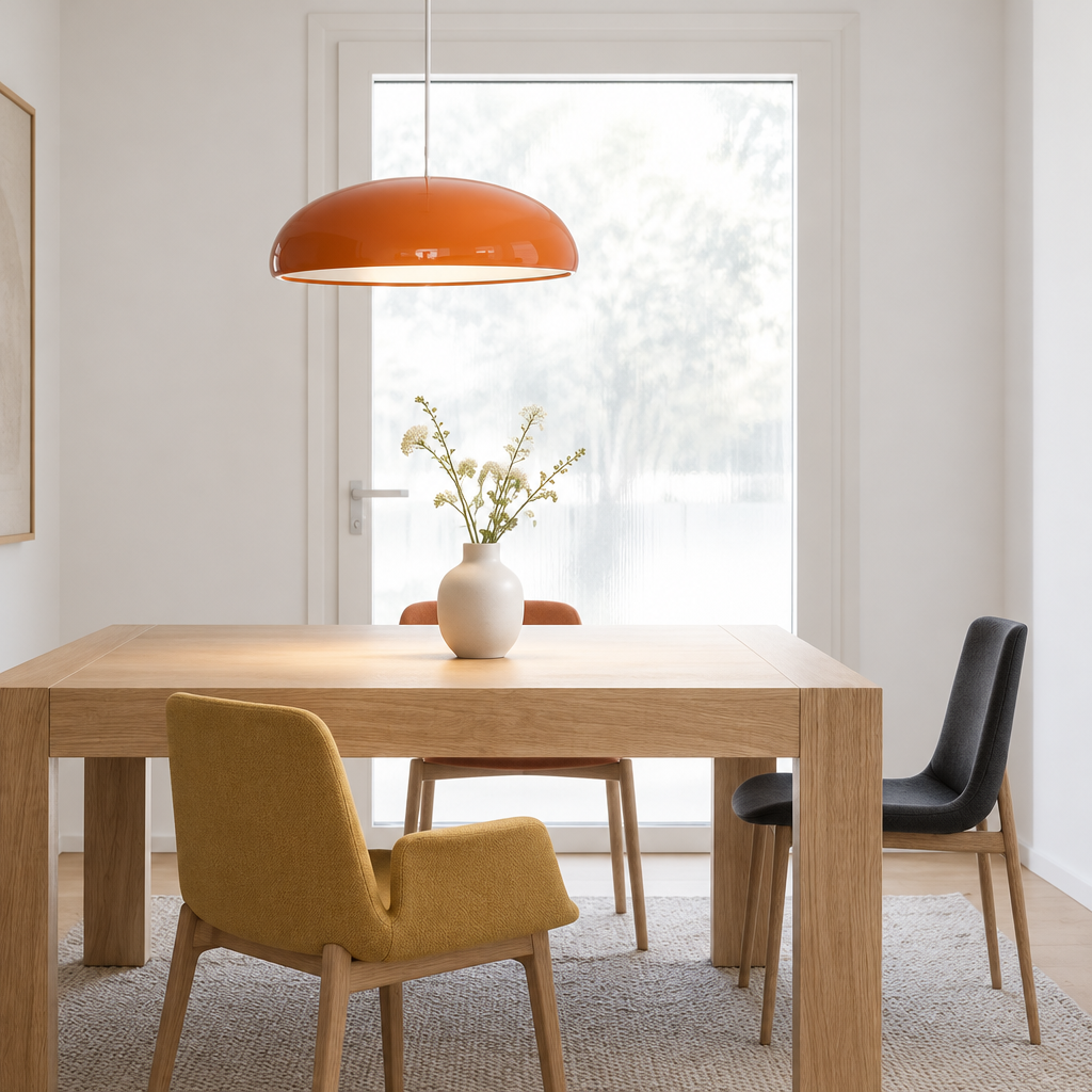 A modern dining room scene featuring a glossy orange dome pendant light hanging over a light oak wood dining table. The table is styled with a white ceramic vase of small white flowers and surrounded by three chairs: a mustard yellow upholstered chair in the foreground, a black leather chair on the right, and another chair partially visible behind the table.
