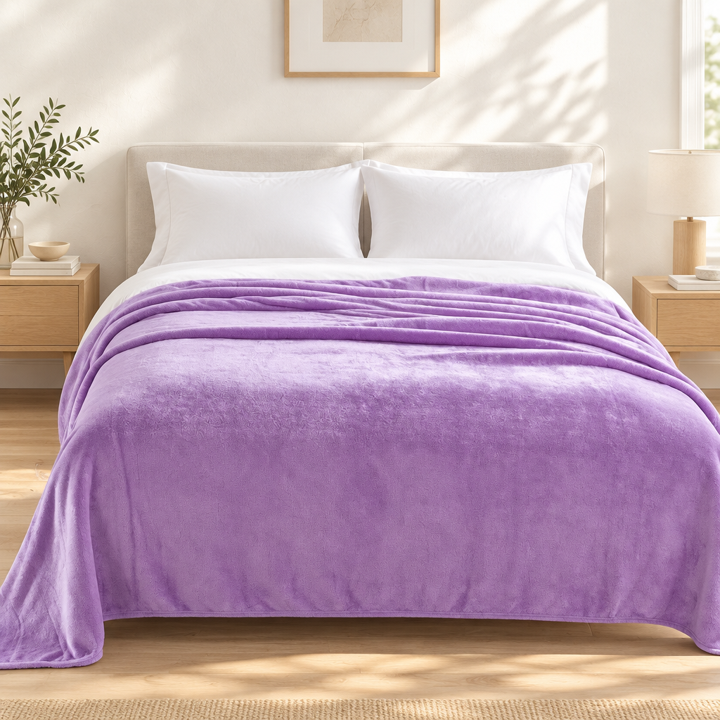 Lavender plush blanket draped over a bed with white pillows