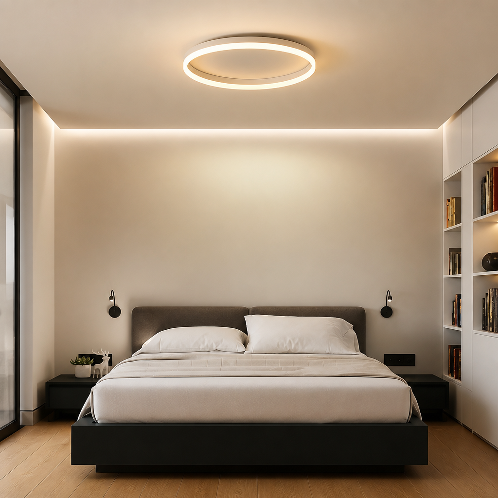 White modern round LED ceiling light with a circular strip light and a 7cm slim profile.