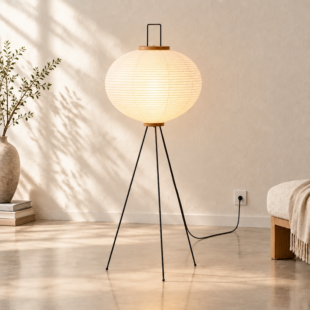 Large rice paper floor lamp on a black metal tripod base with wooden trim, 120cm tall and 53cm wide.