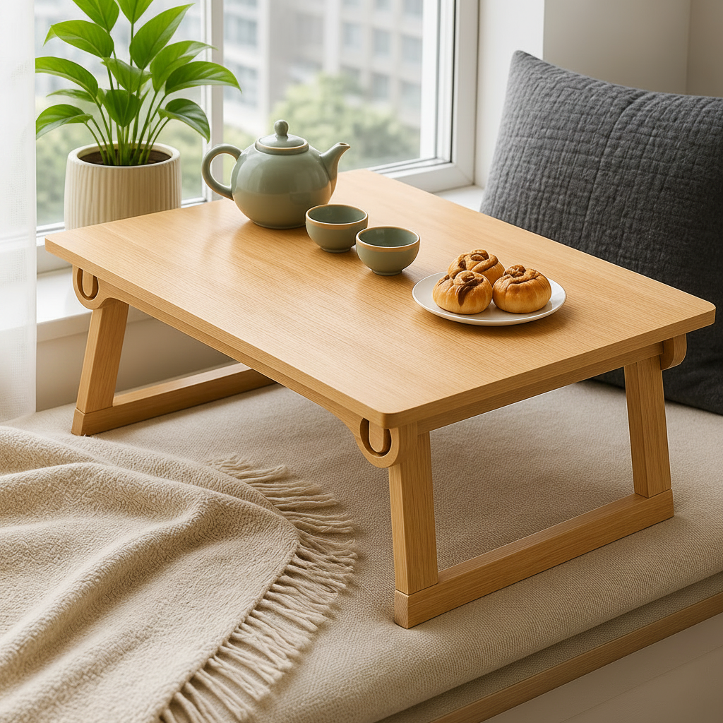 Natural wood folding table in 80 x 40 x 33cm size with a tea set and snacks by a window.