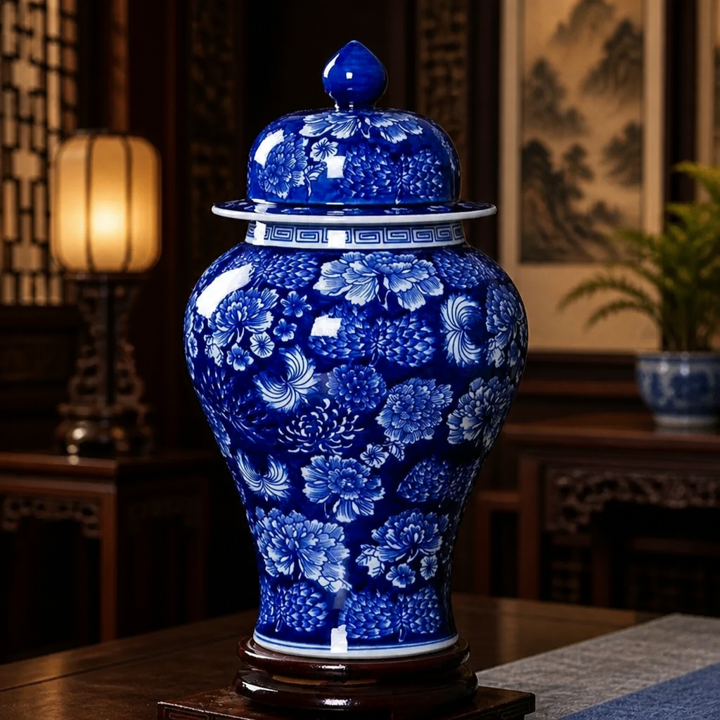 Blue and white ginger jar vase with lid and floral pattern