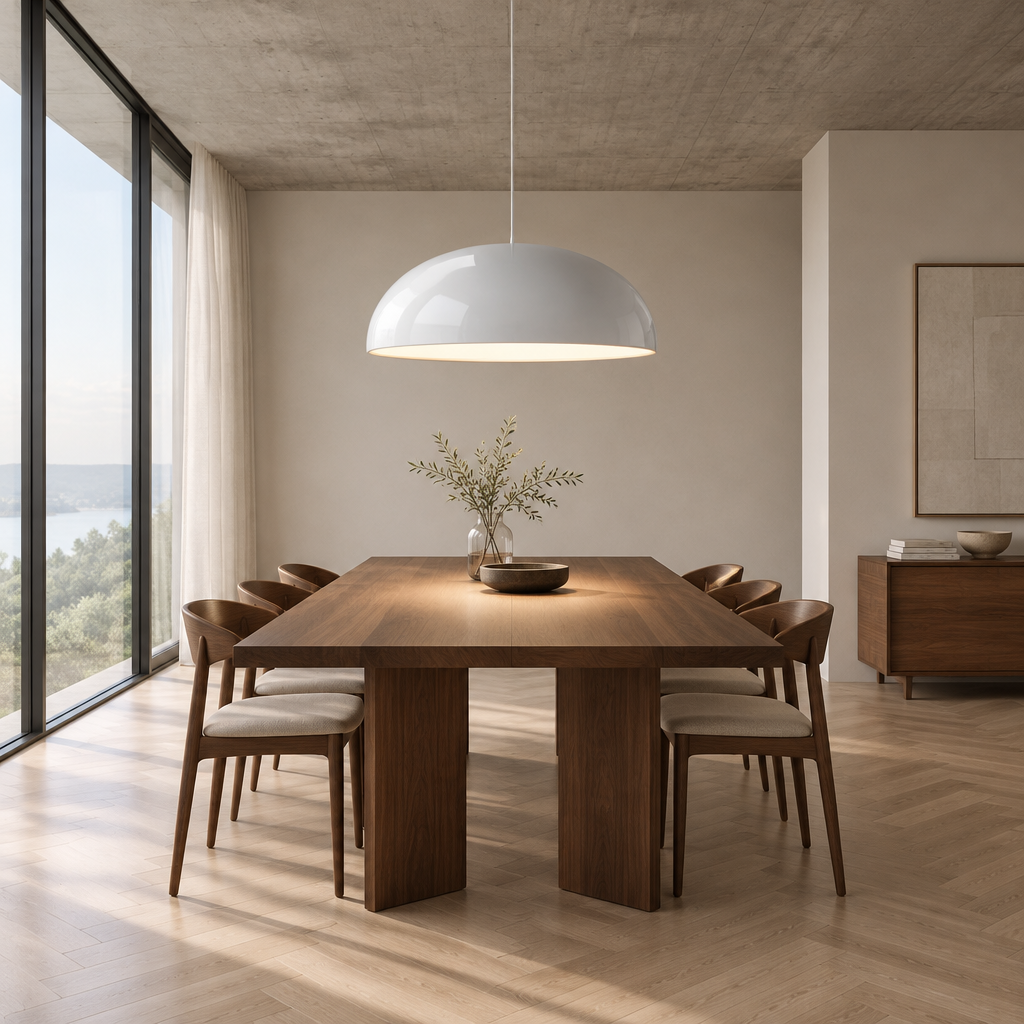 A modern dining room scene featuring a rectangular wooden dining table surrounded by six matching wooden chairs with light beige upholstered seats, under a large white dome pendant light.
