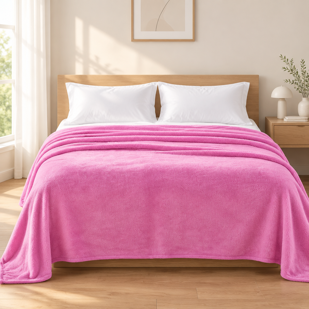 Pink plush blanket covering a white bed in a bright bedroom