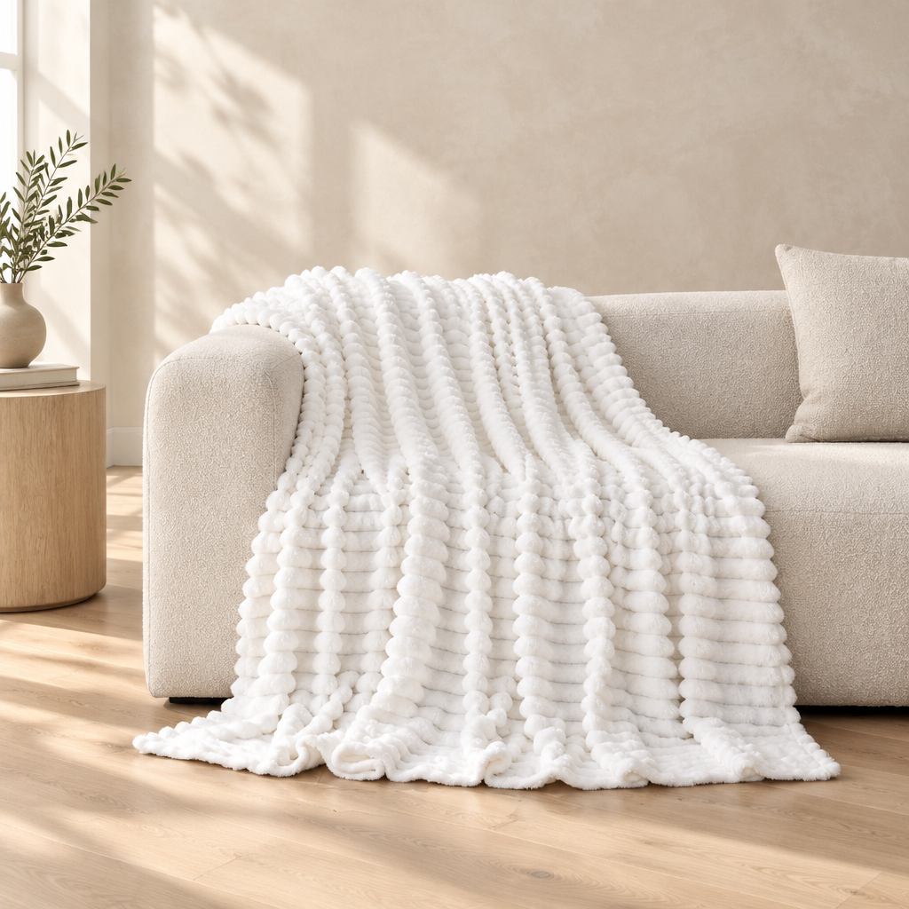 A chunky white textured throw blanket draped over a light beige sofa in a sunlit living room with wood flooring and a side table.