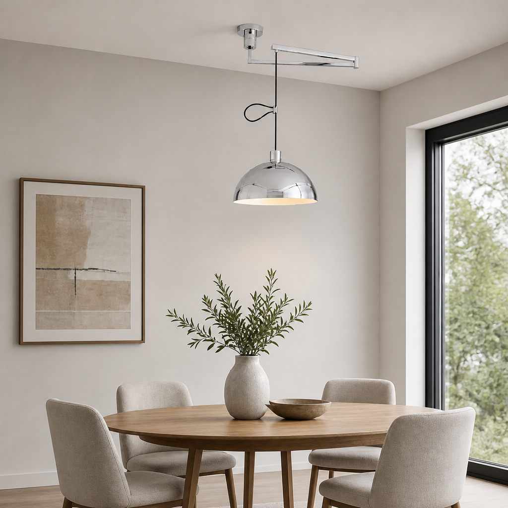 Polished chrome dome pendant light with adjustable metal arm