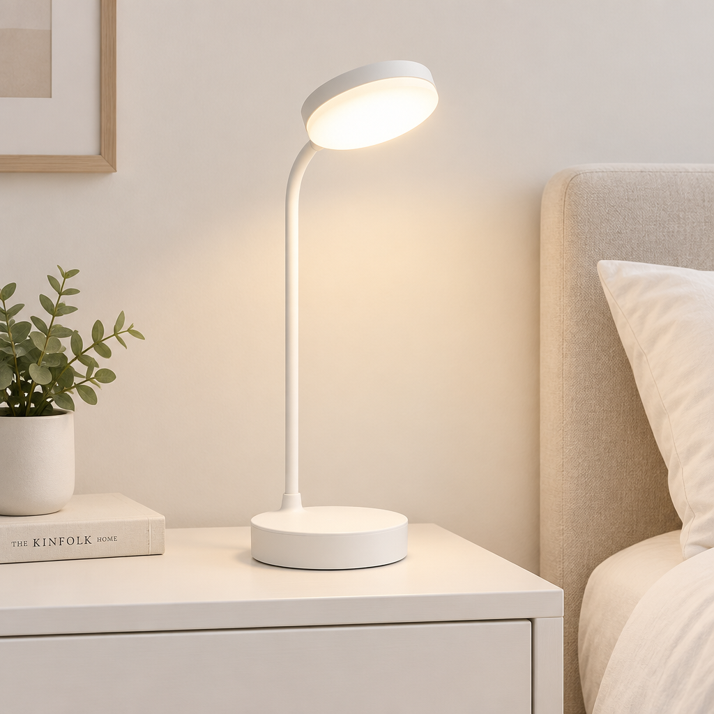 A modern white adjustable desk lamp with a circular base and curved neck, glowing with warm light on a white bedside table next to a bed.