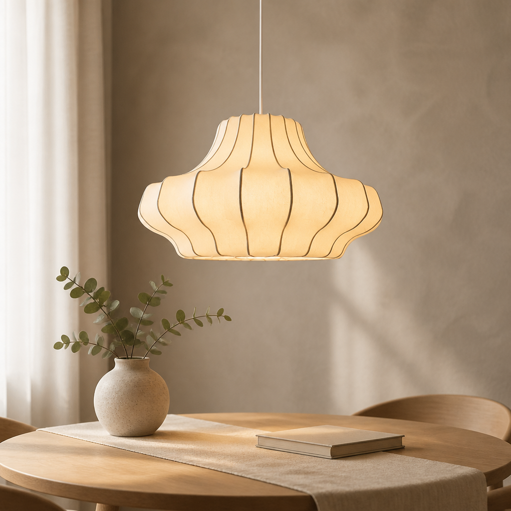 Warm cream wabi sabi ceiling shade with a wide lotus-inspired shape suspended above a dining table