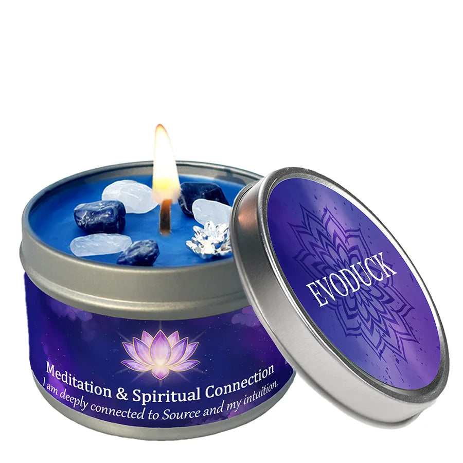 Meditation candle featuring a purple label and flame.