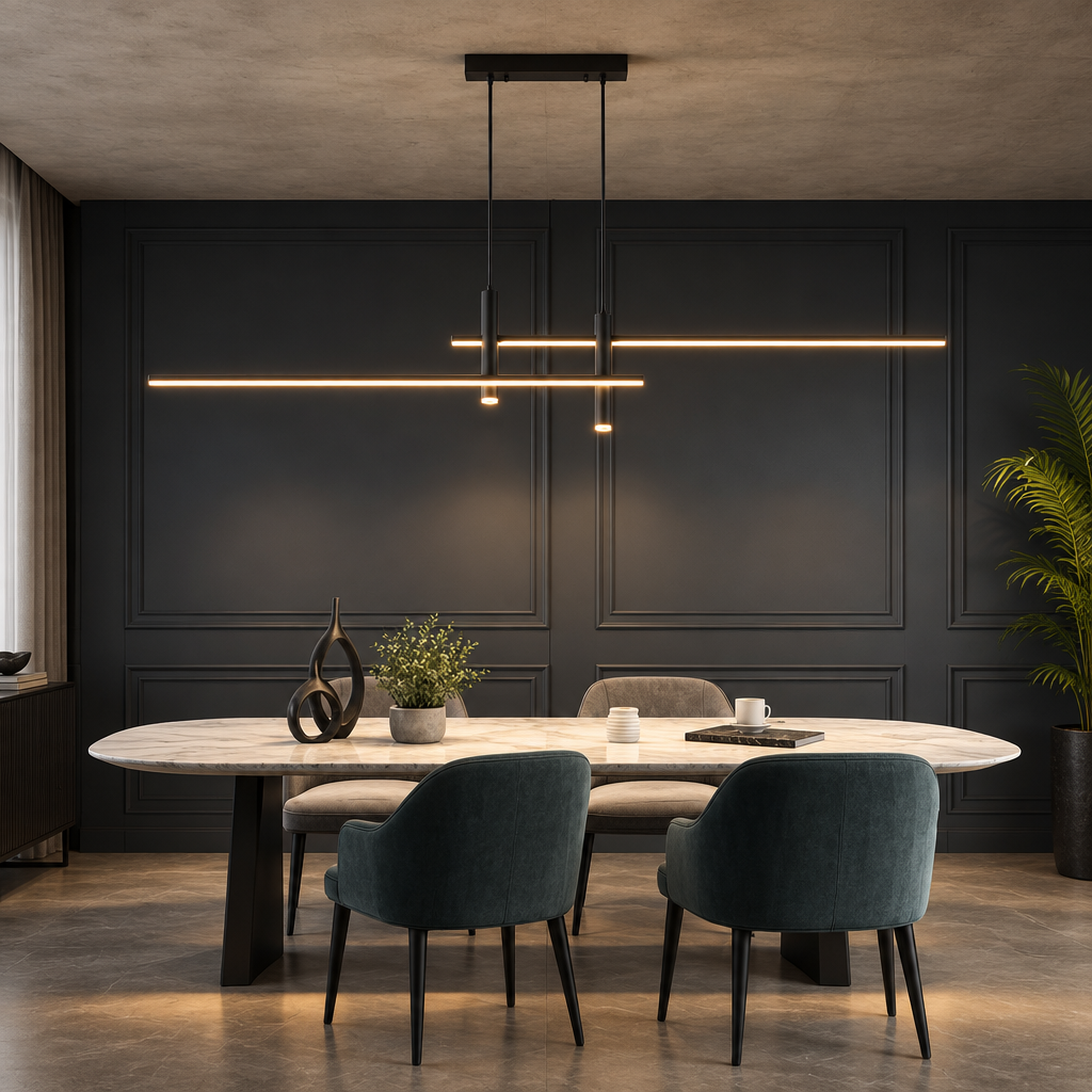Black linear LED pendant light, 150cm.