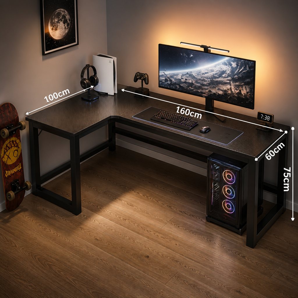 Gaming desk setup with computer monitor, keyboard, mouse, and gaming console on a wooden floor.
