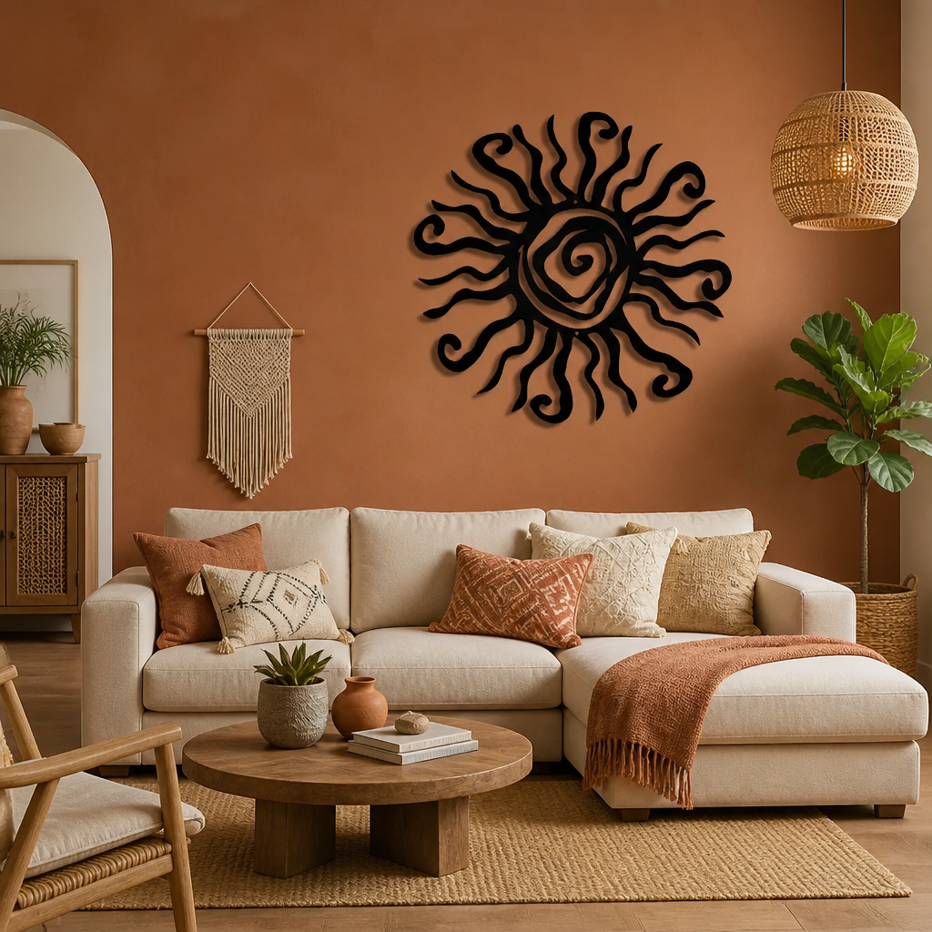 A styled living room scene featuring a cream sectional sofa with patterned throw pillows, a round wooden coffee table, a woven pendant light, and a terracotta wall decorated with a black sun metal wall art piece.