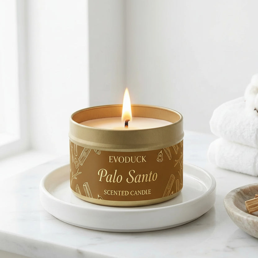 Palo Santo scented candle on a marble surface with cotton and wooden sticks.