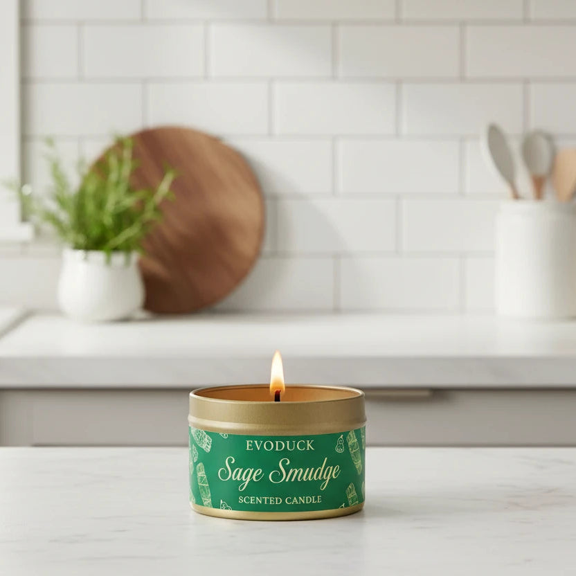 Sage Smudge candle in a kitchen setting with white tiled walls and wooden countertops.
