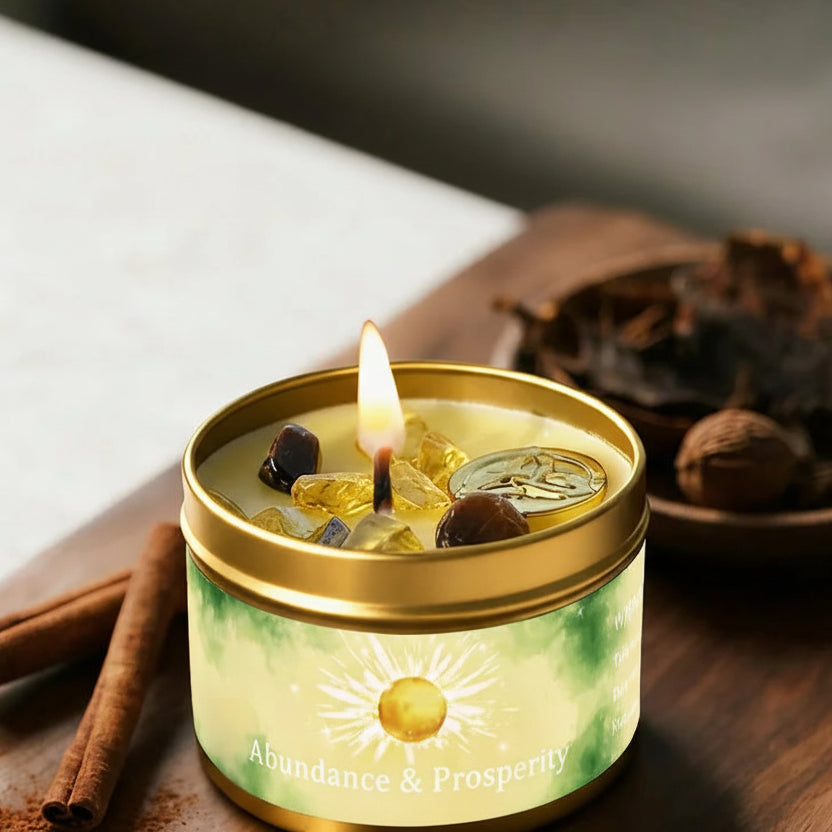 Candle with cinnamon and patchouli scent profile on a wooden surface