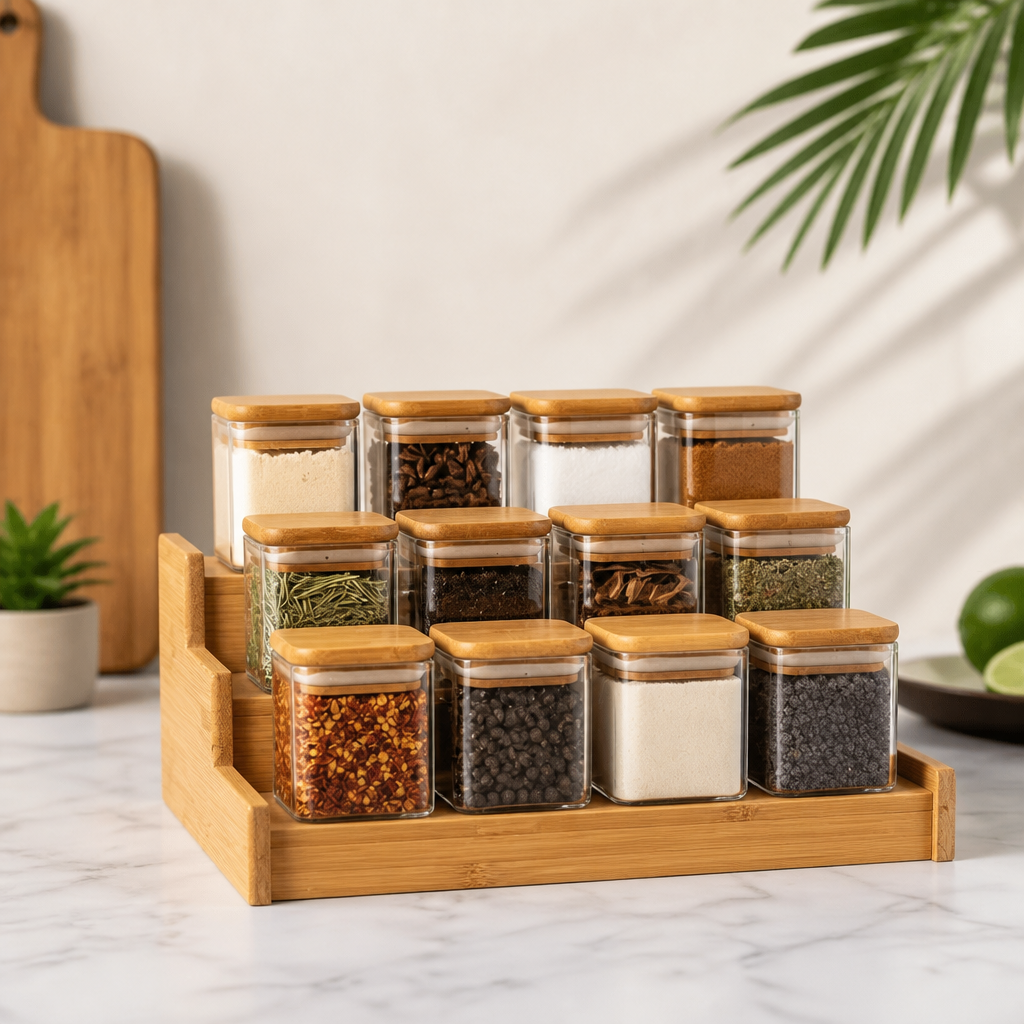 Square Glass Spice Jar Set with Bamboo Lids