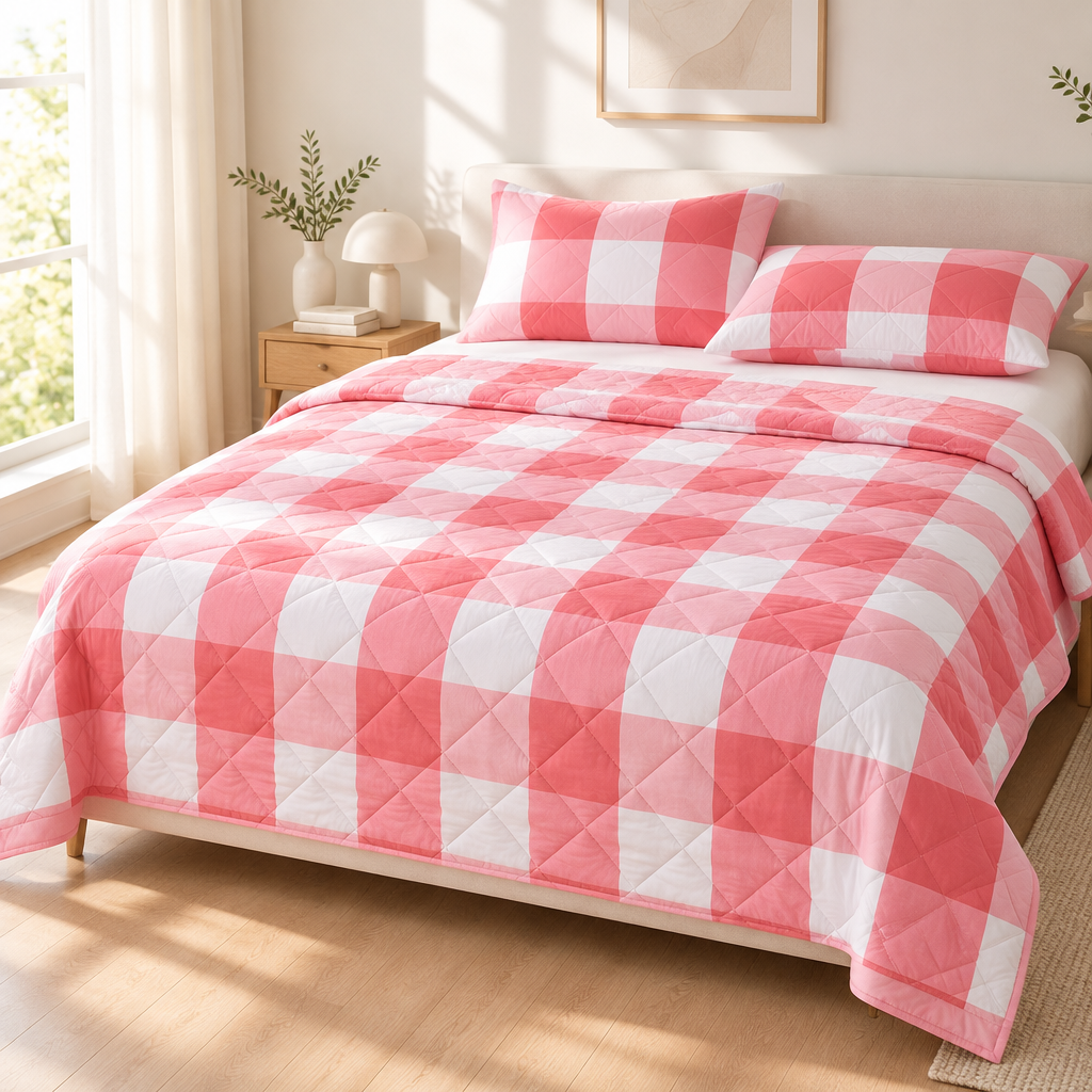 Pink and white large check quilted comforter on a bed with a pink border