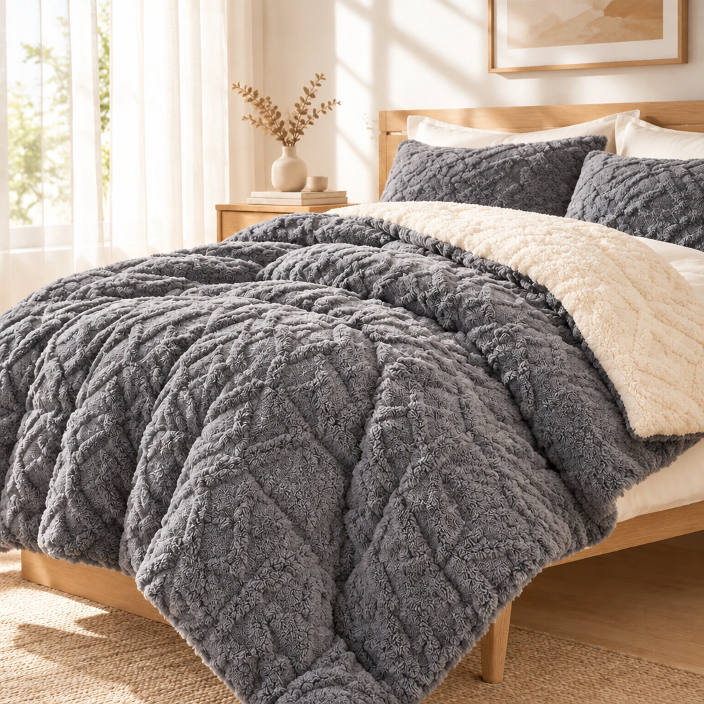 A cosy bed dressed in a plush, textured grey quilt with a cream sherpa underside, set in a warm, sunlit bedroom with a wooden bed frame and bedside table, bathed in soft window light.