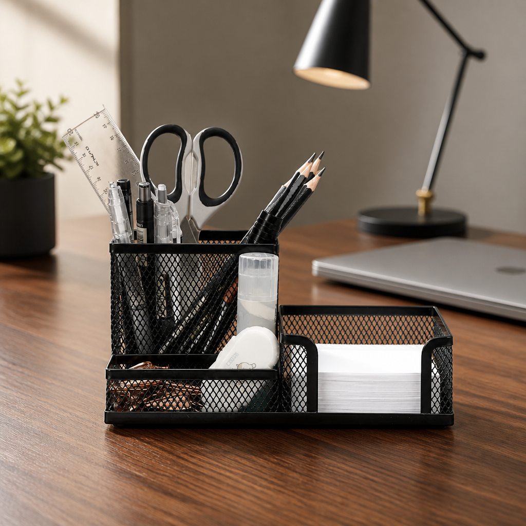 Metal Mesh Desk Organiser with Compartments | Minimal Workspace Storage