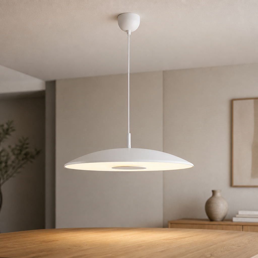 Modern White pendant light hanging above a wooden table in a room with neutral walls and decor.