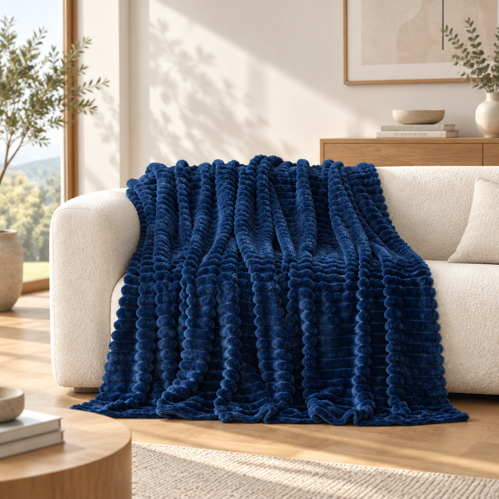 A textured navy blue throw blanket draped over a cream-colored sofa in a bright, modern living room with wooden floors and natural sunlight.